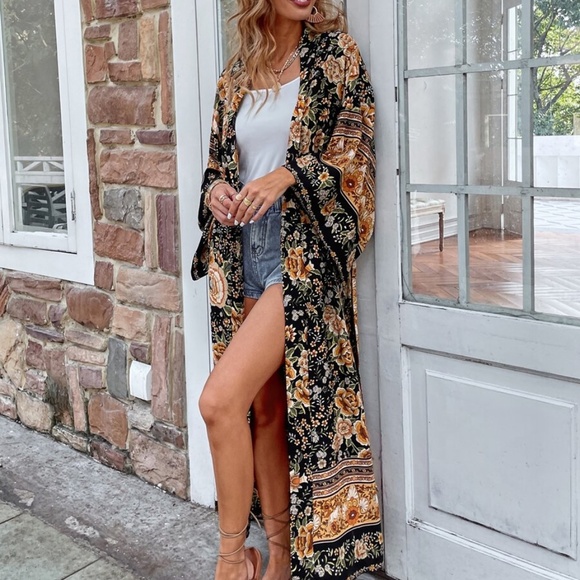 Boho Black Pink Floral Belted Long Kimono Cover up Beach - Picture 11 of 11
